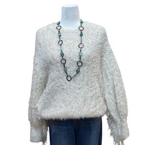 Pol white/silver sparkle knit fringed long sleeve sweater